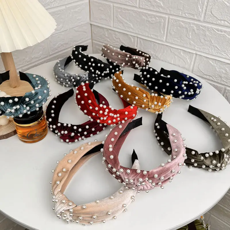 Blue Velvet Pearl Knot Headband for Women - Image 14