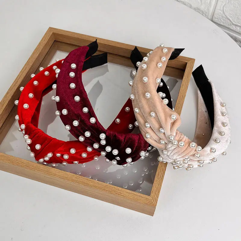 Blue Velvet Pearl Knot Headband for Women - Image 15
