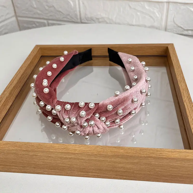Blue Velvet Pearl Knot Headband for Women - Image 2