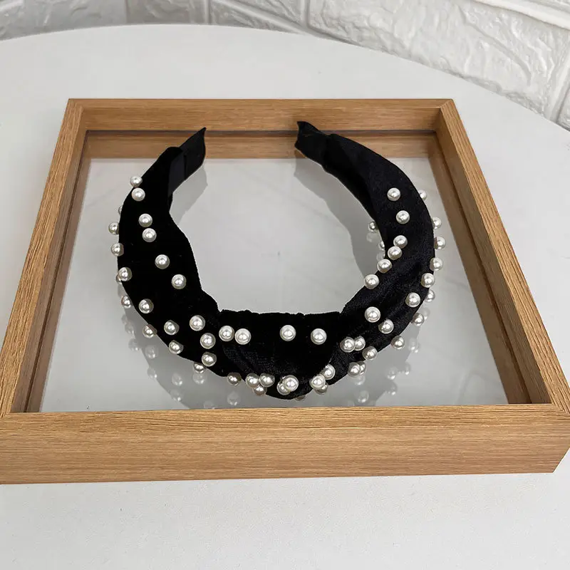 Blue Velvet Pearl Knot Headband for Women - Image 3