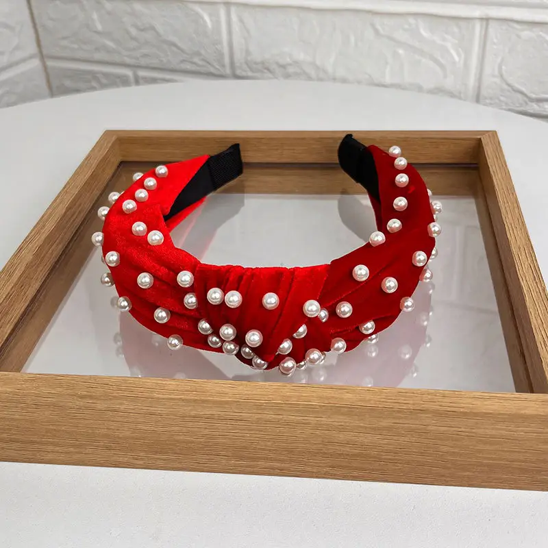 Blue Velvet Pearl Knot Headband for Women - Image 4