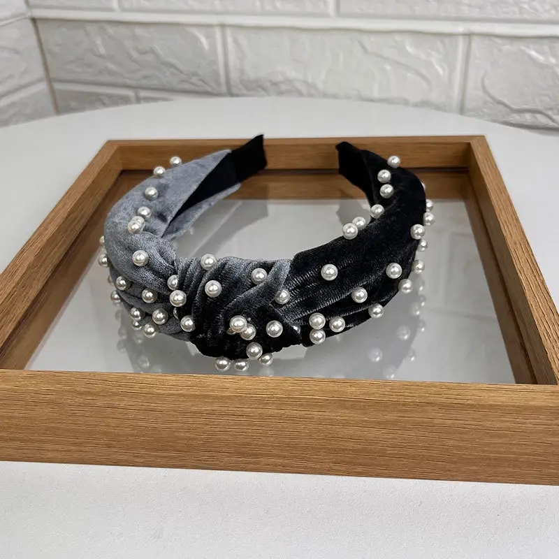 Blue Velvet Pearl Knot Headband for Women - Image 6