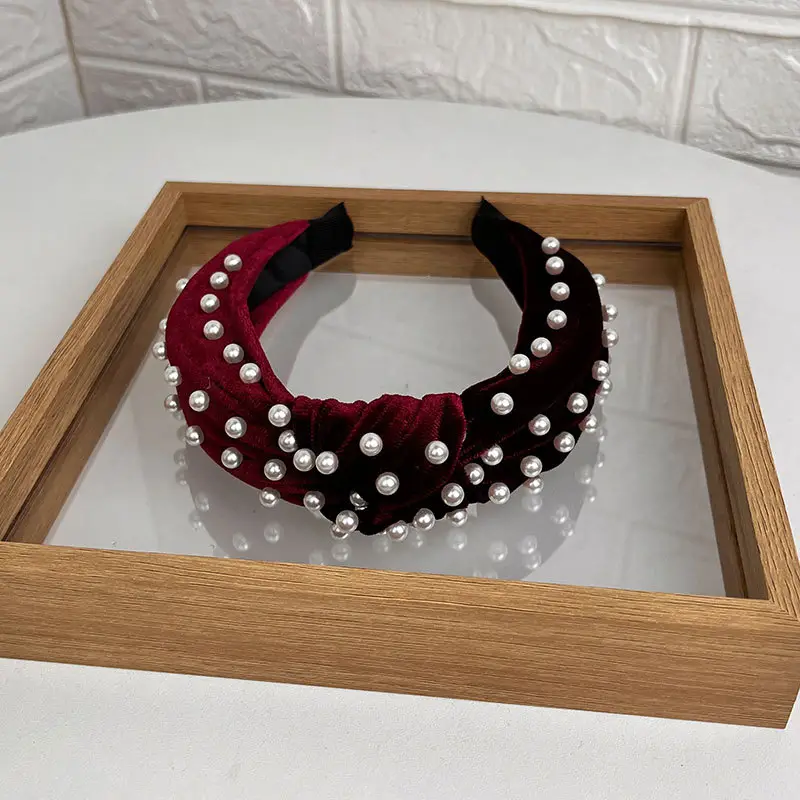 Blue Velvet Pearl Knot Headband for Women - Image 7