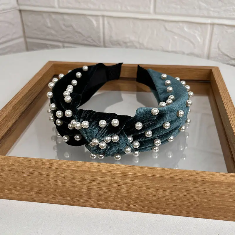 Blue Velvet Pearl Knot Headband for Women - Image 8