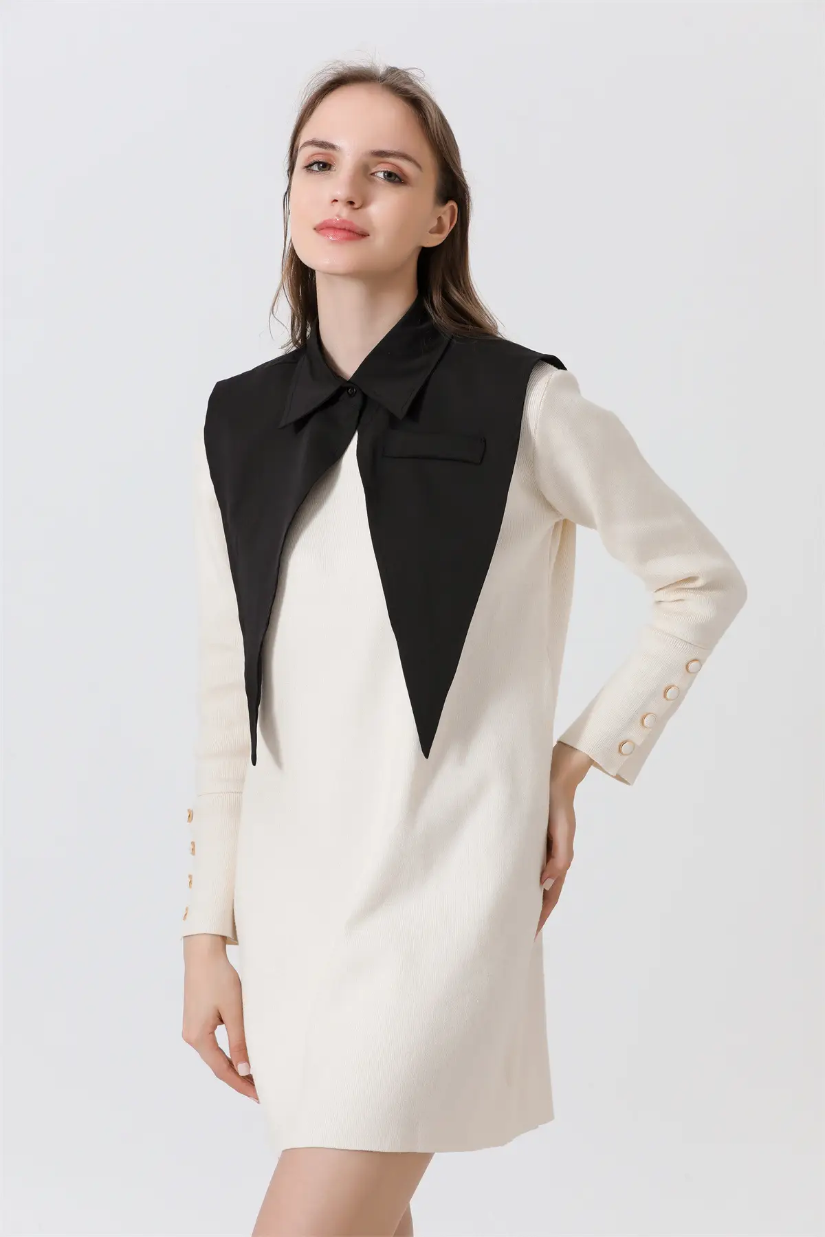 Black Pointed Collar Summer Shirt Shawl Vest — feature 2