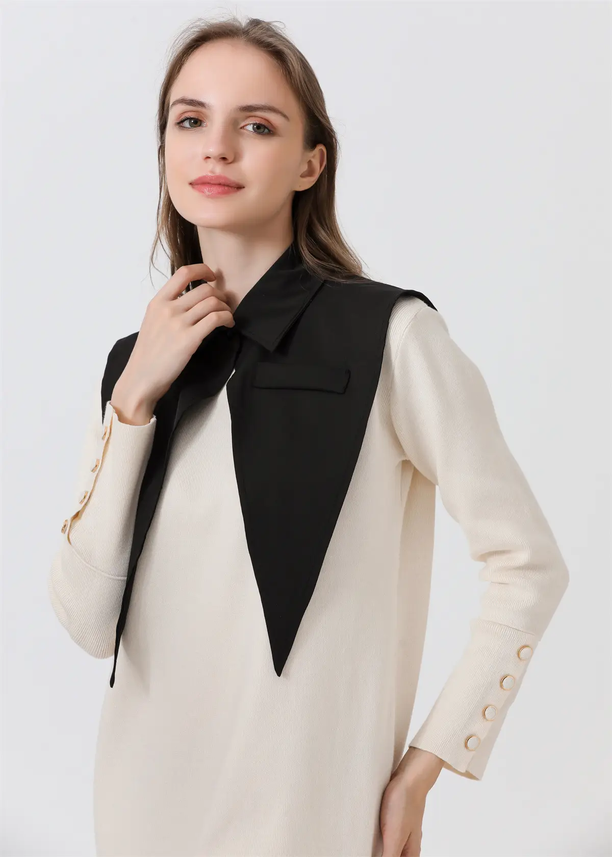 Black Pointed Collar Summer Shirt Shawl Vest — feature 3