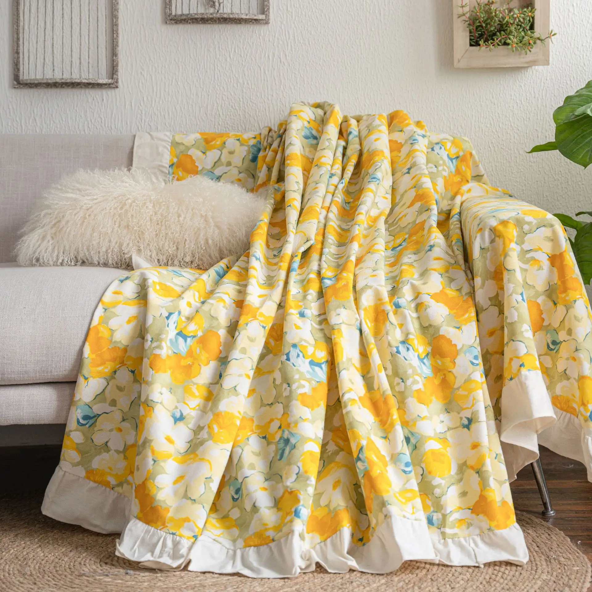 Yiman Qiyun Sofa Towel Lemon Printed Fresh Flounces Multi-functional Cover - Image 2