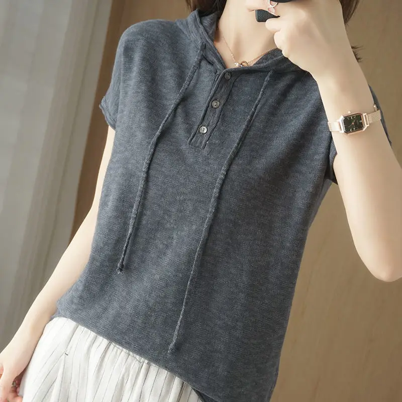 Women Korean Style Hooded T-Shirt Brown Large