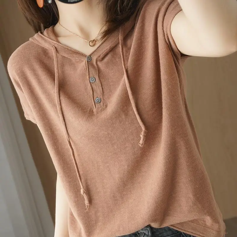 Women Korean Style Hooded T-Shirt Brown Large