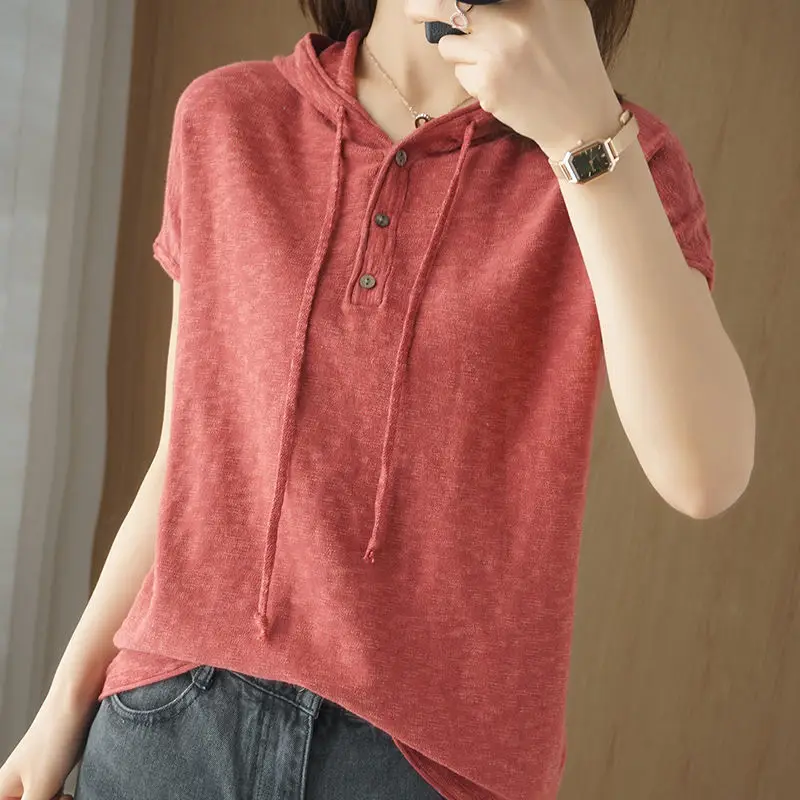 Women Korean Style Hooded T-Shirt Brown Large