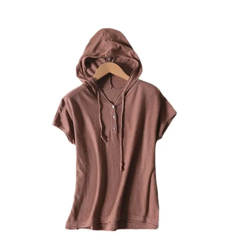 Women Korean Style Hooded T-Shirt Brown Large