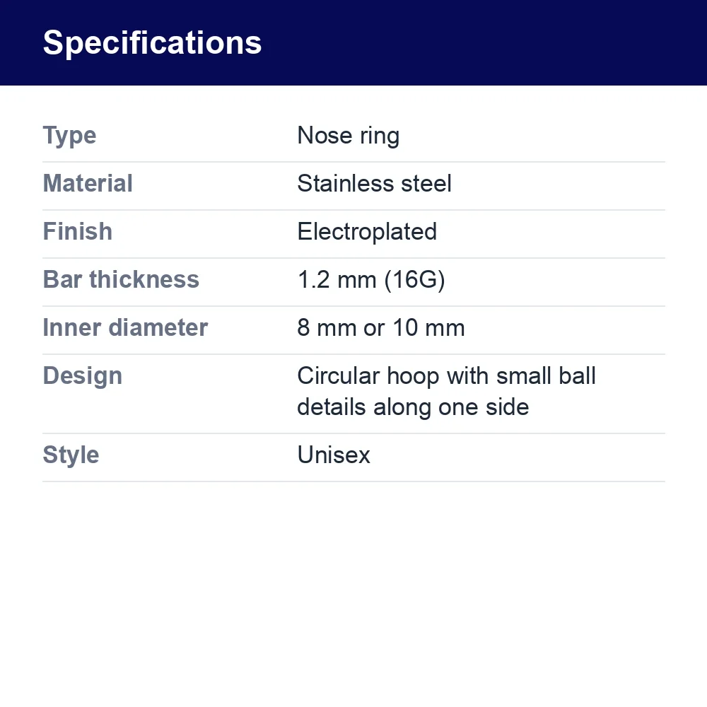 Stainless Steel Beaded Nose Ring – Gold or Steel – specifications