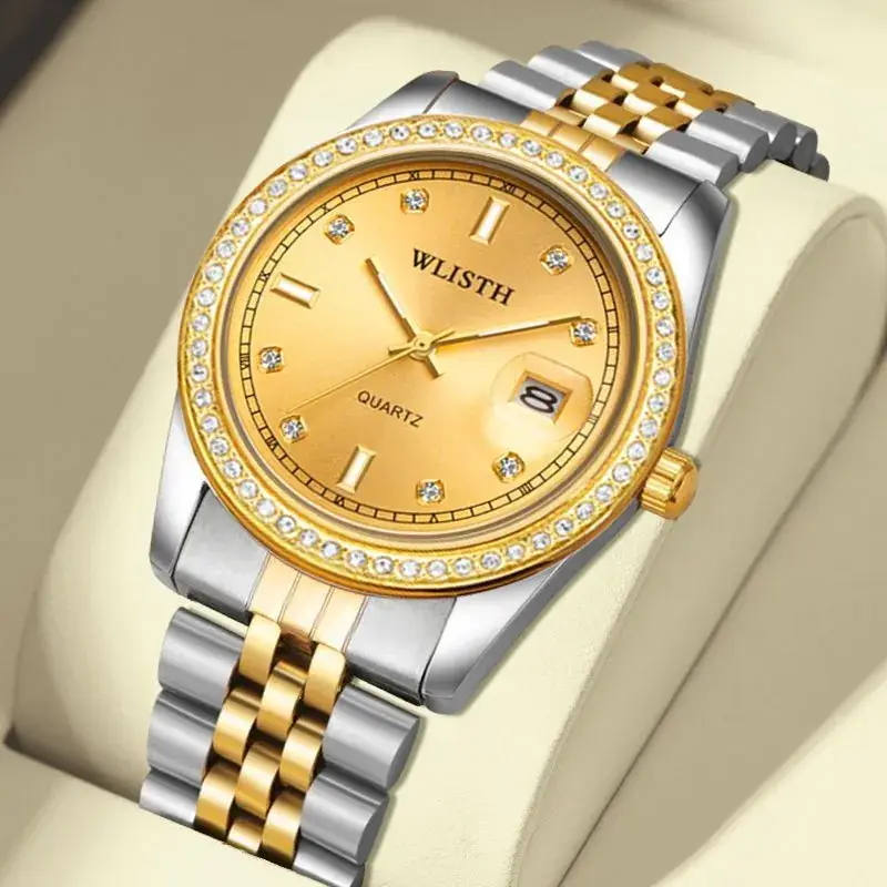 Men's Gold Steel Band Quartz Watch with Date Display