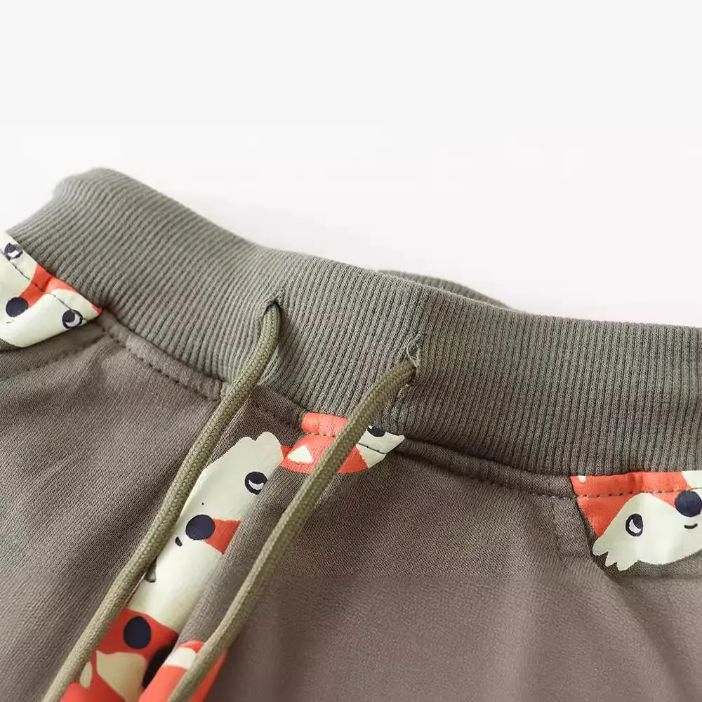 Kids Cotton Drawstring Pants Brown with Cartoon Design - Image 3