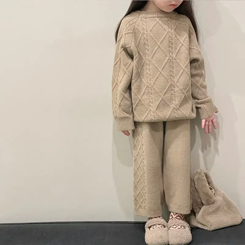 Korean Kids Vintage Twist Coat 2024 Knitted Pants Set