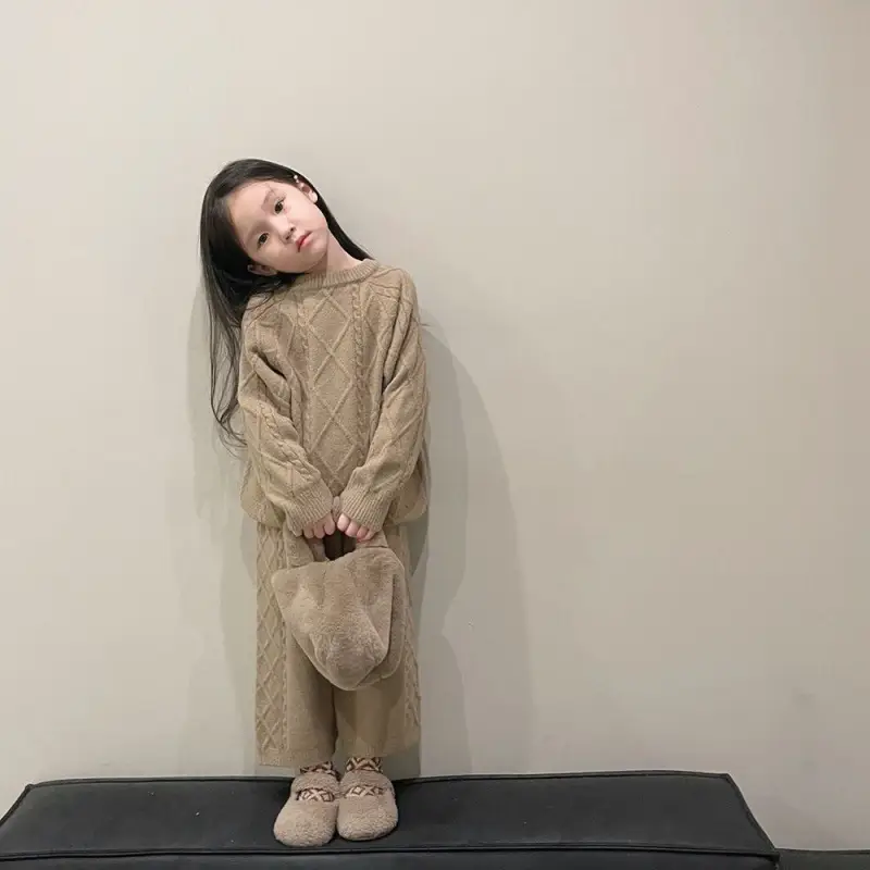 Korean Kids Vintage Twist Coat 2024 Knitted Pants Set