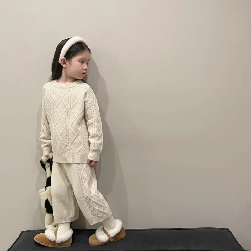 Korean Kids Vintage Twist Coat 2024 Knitted Pants Set