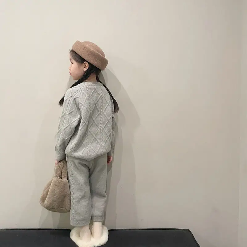 Korean Kids Vintage Twist Coat 2024 Knitted Pants Set