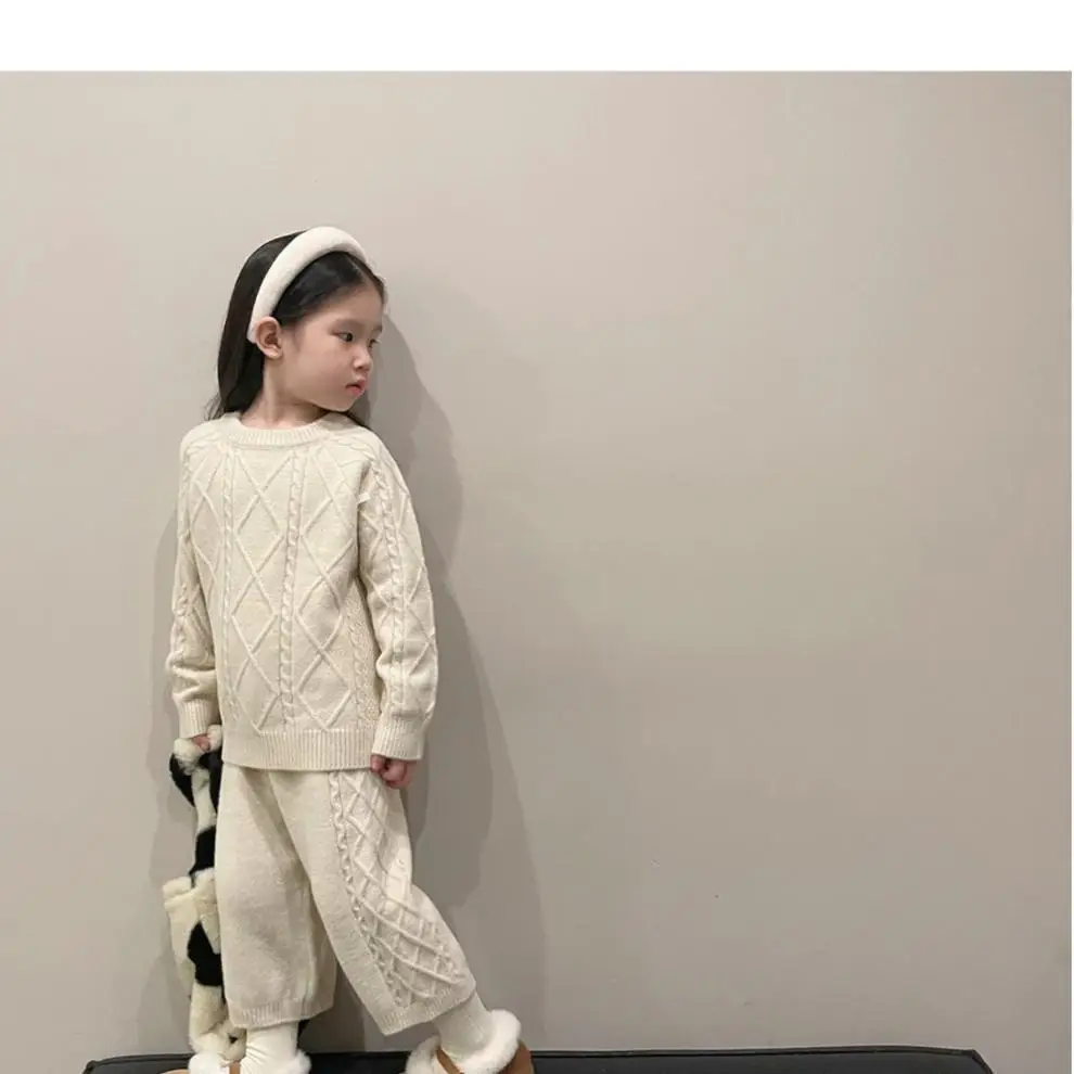 Korean Kids Vintage Twist Coat 2024 Knitted Pants Set — feature 10