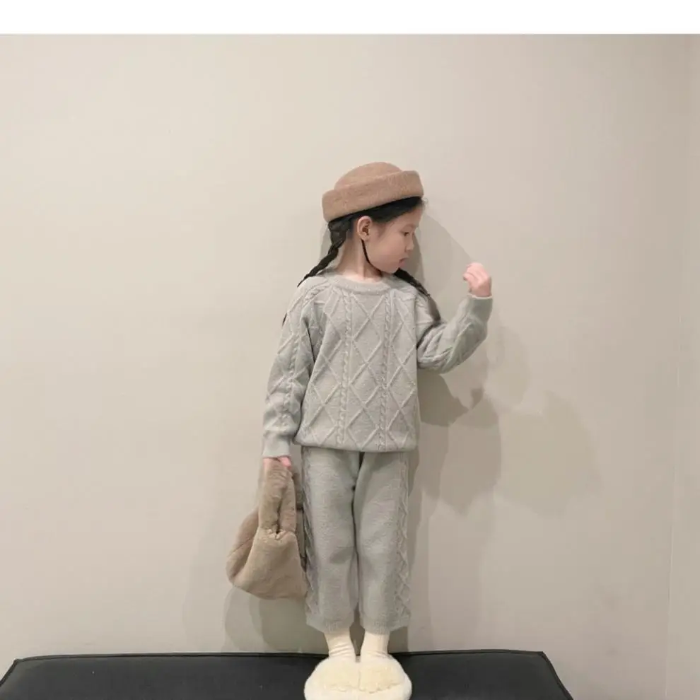 Korean Kids Vintage Twist Coat 2024 Knitted Pants Set — feature 11