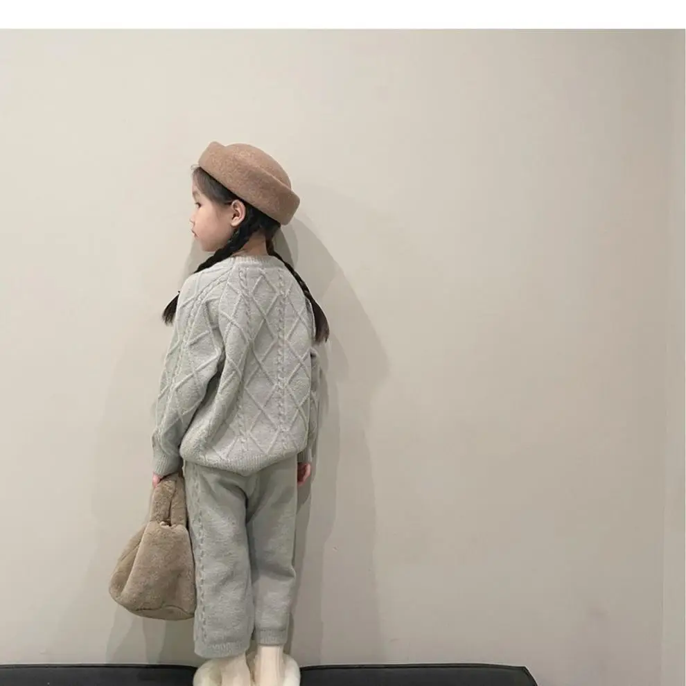 Korean Kids Vintage Twist Coat 2024 Knitted Pants Set — feature 12