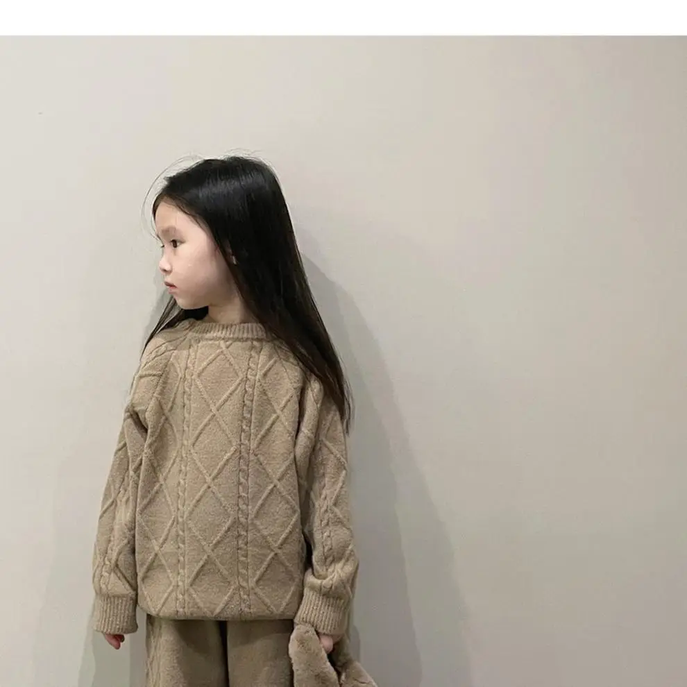 Korean Kids Vintage Twist Coat 2024 Knitted Pants Set — feature 2