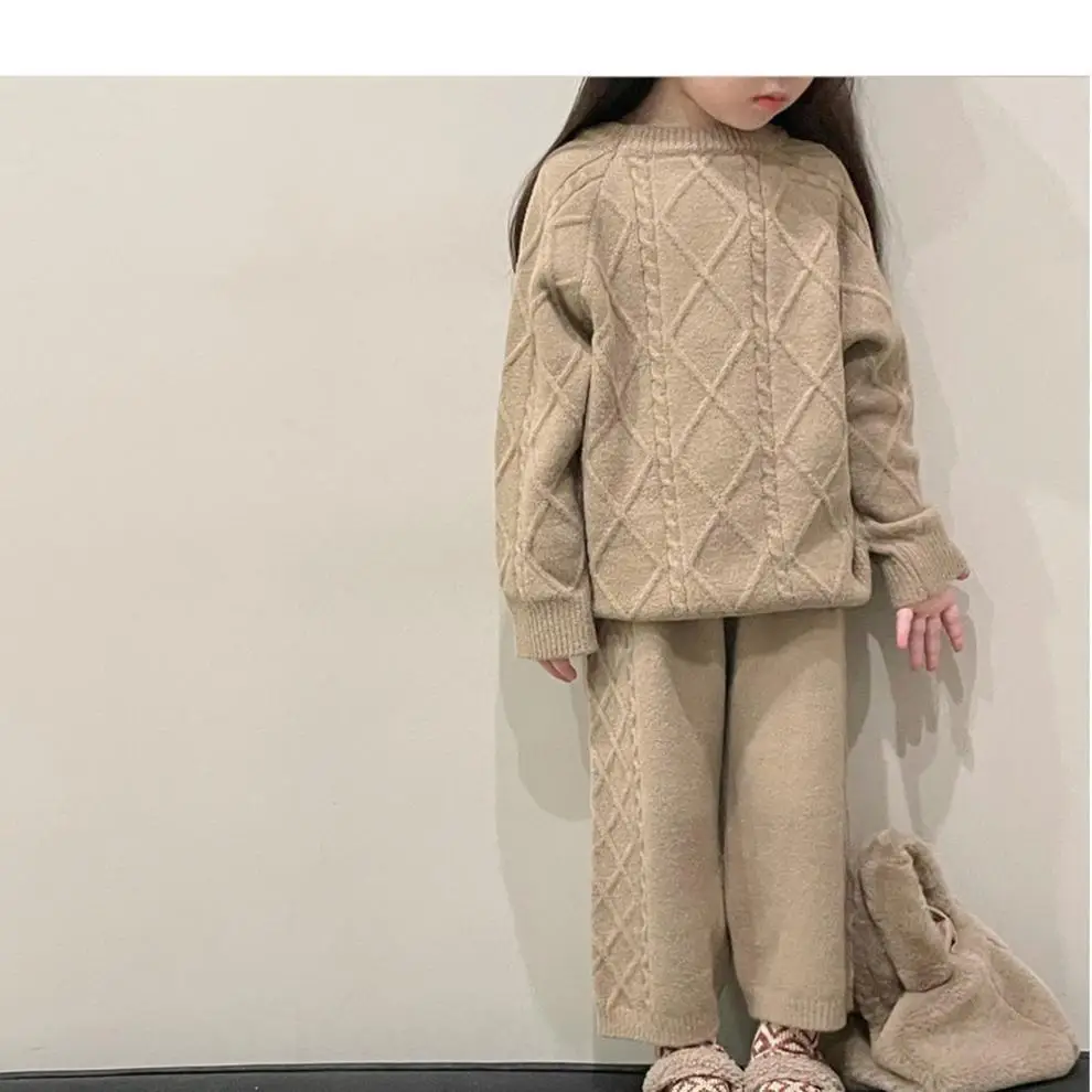 Korean Kids Vintage Twist Coat 2024 Knitted Pants Set — feature 4