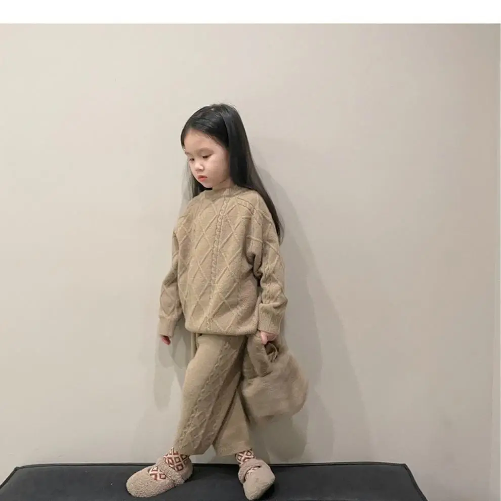 Korean Kids Vintage Twist Coat 2024 Knitted Pants Set — feature 5