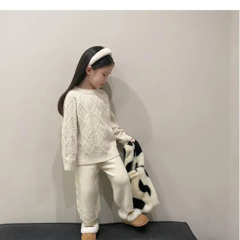 Korean Kids Vintage Twist Coat 2024 Knitted Pants Set — feature 8