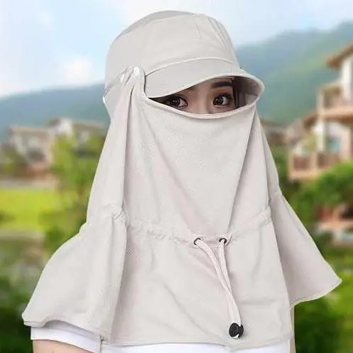 Women's Light Gray Bike Sunshade Hat with Neck Cover - Image 12