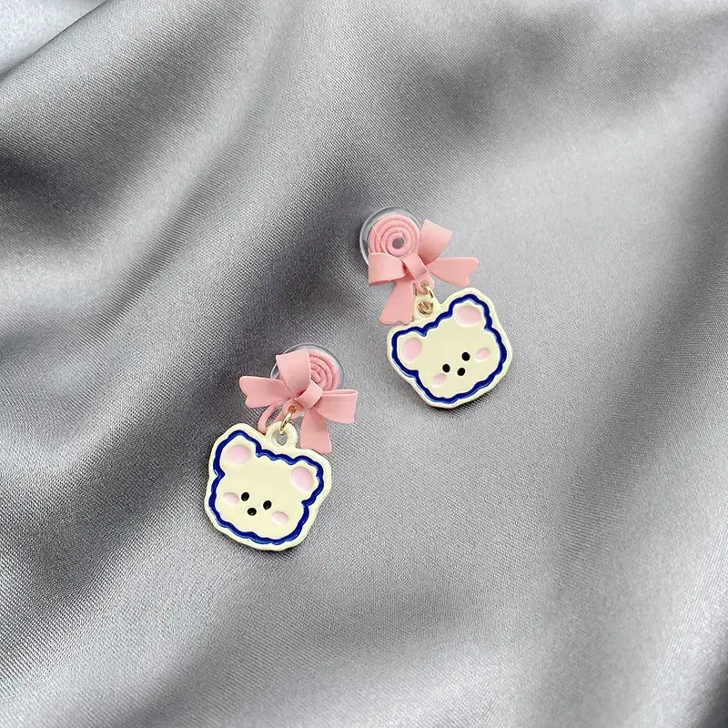 Pink Cartoon Bear Ear Earrings with Bow Design