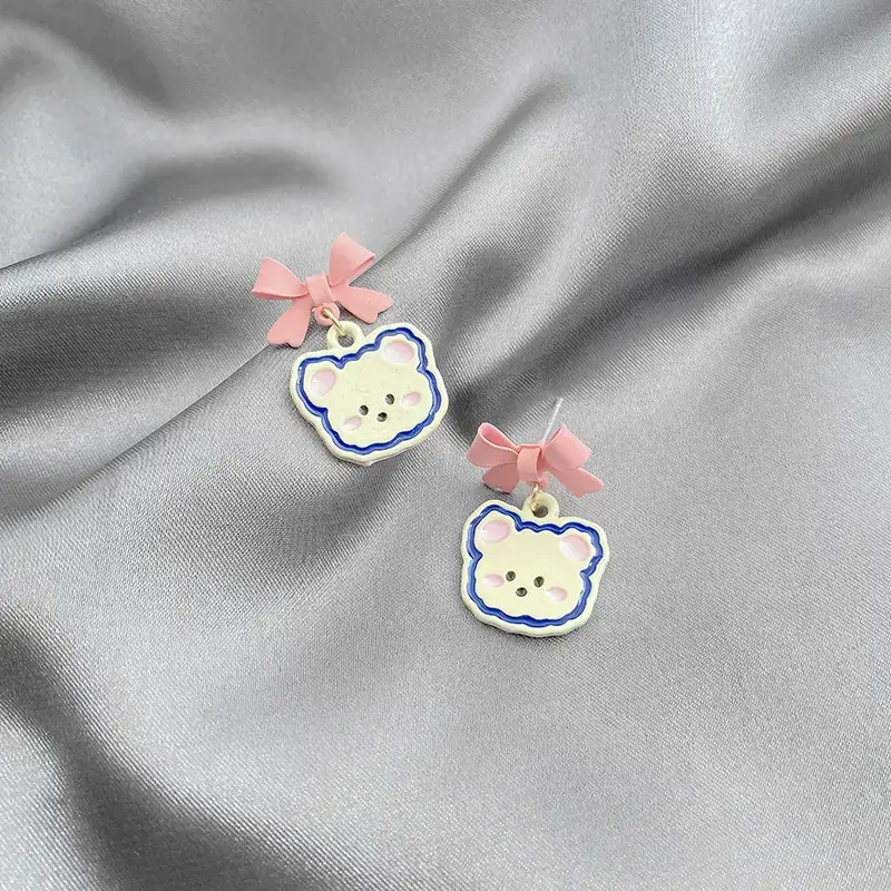 Pink Cartoon Bear Ear Earrings with Bow Design