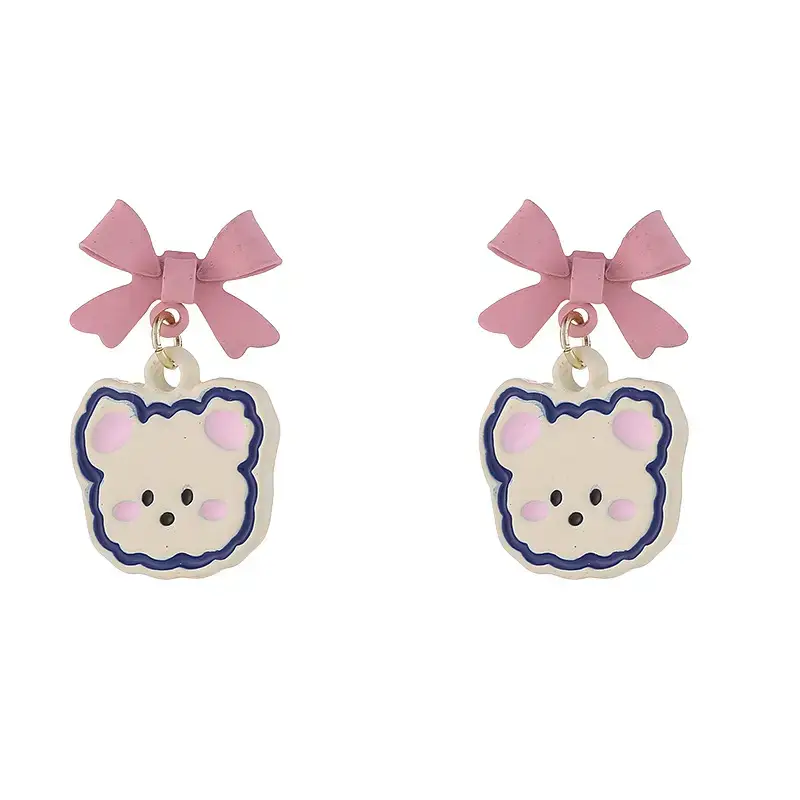 Pink Cartoon Bear Ear Earrings with Bow Design