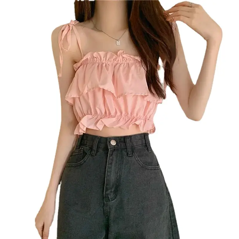 Women's Ruffled Sleeveless Top with High Waist Jeans