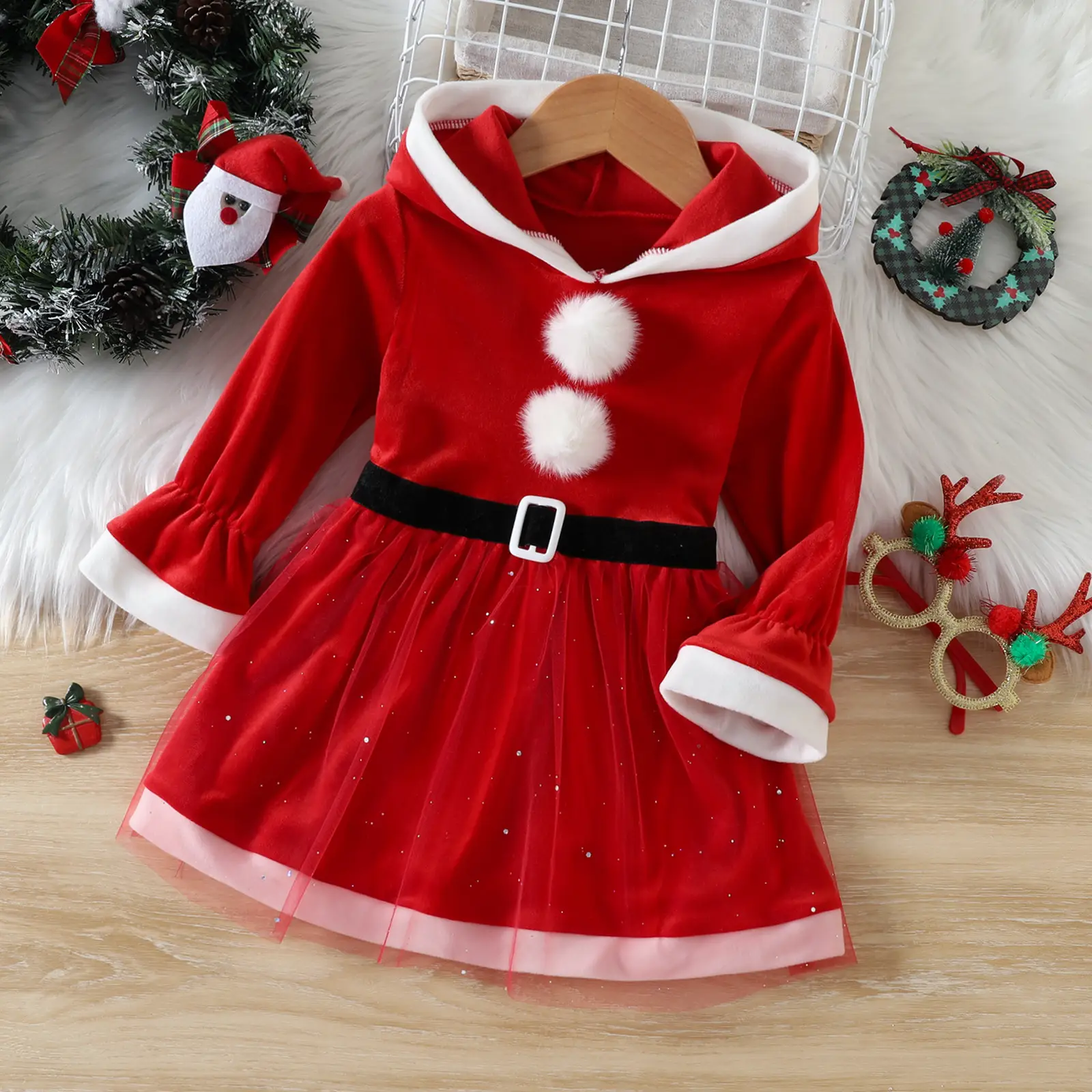 Christmas Hooded Dress for Girls Green Velvet Winter - Image 3