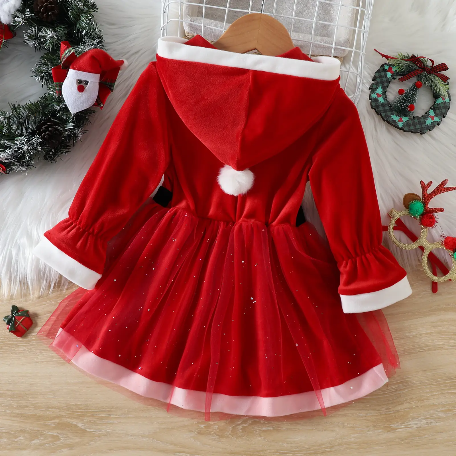 Christmas Hooded Dress for Girls Green Velvet Winter - Image 4