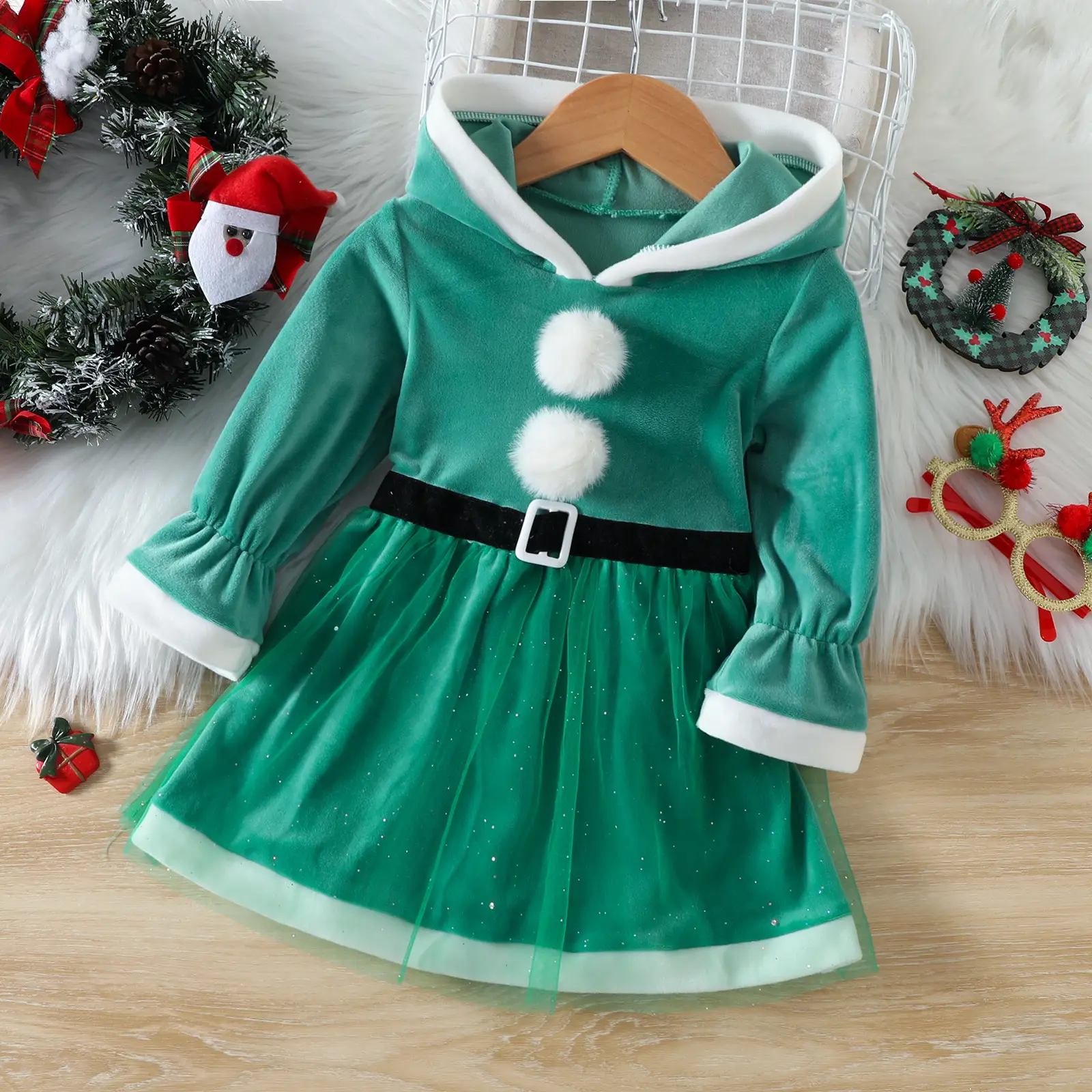 Christmas Hooded Dress for Girls Green Velvet Winter - Image 5