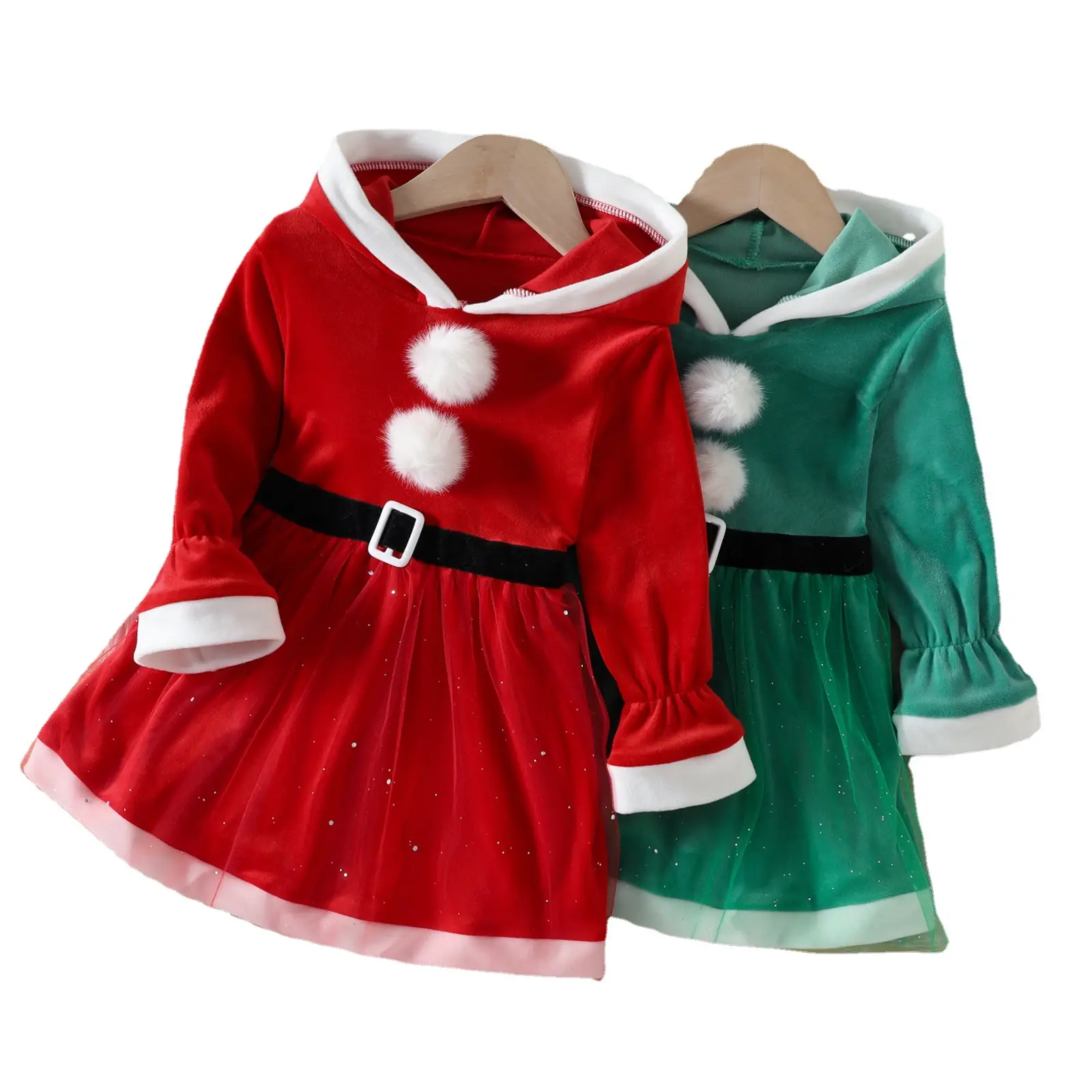Christmas Hooded Dress for Girls Green Velvet Winter - Image 6