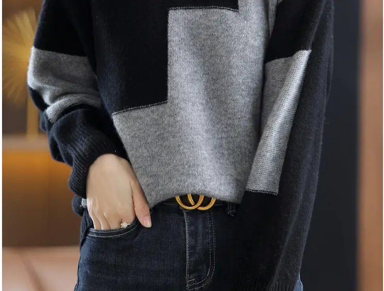 Plus Size Black White Color Block Knitwear Top — feature 14