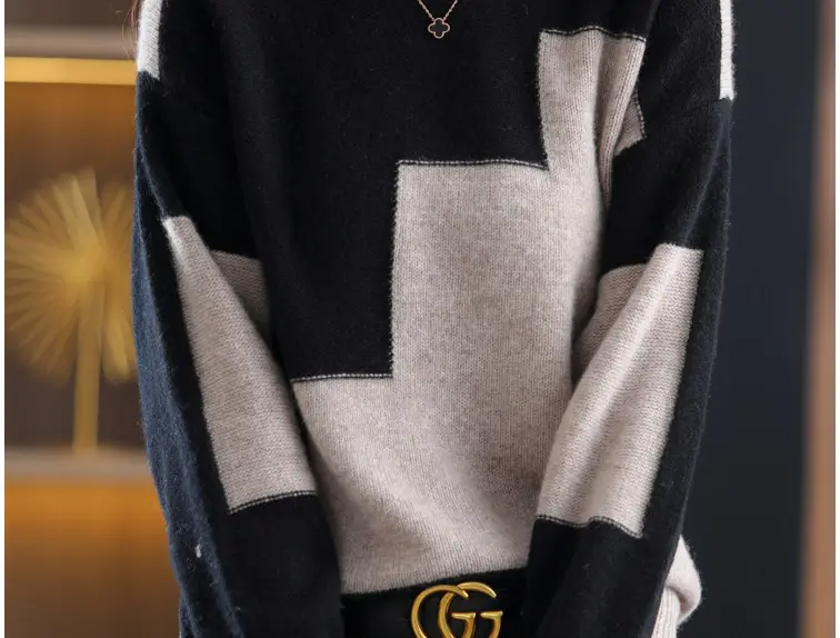 Plus Size Black White Color Block Knitwear Top — feature 19