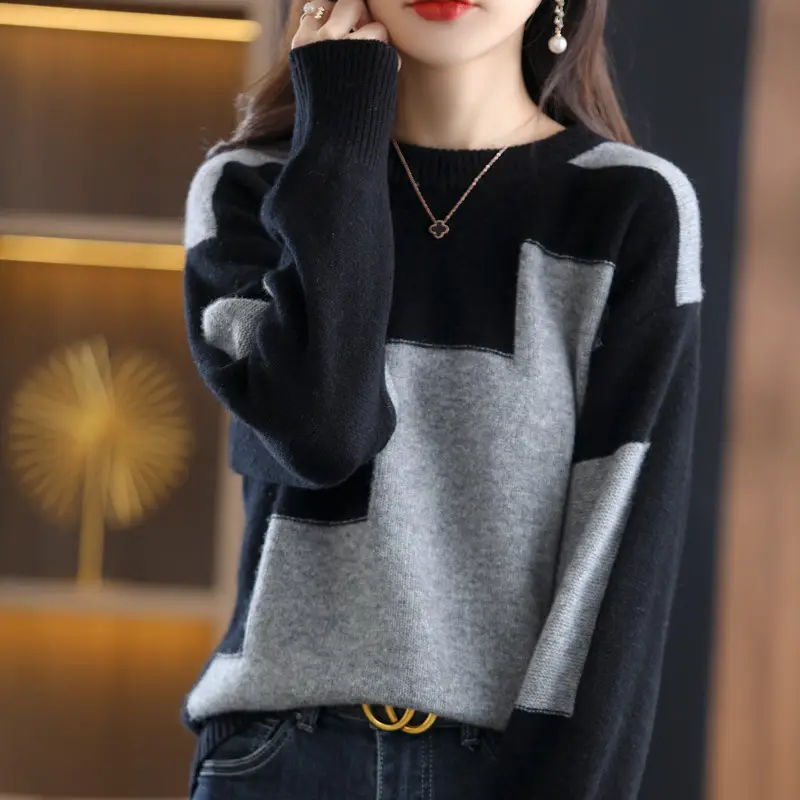 Plus Size Black White Color Block Knitwear Top — feature 24