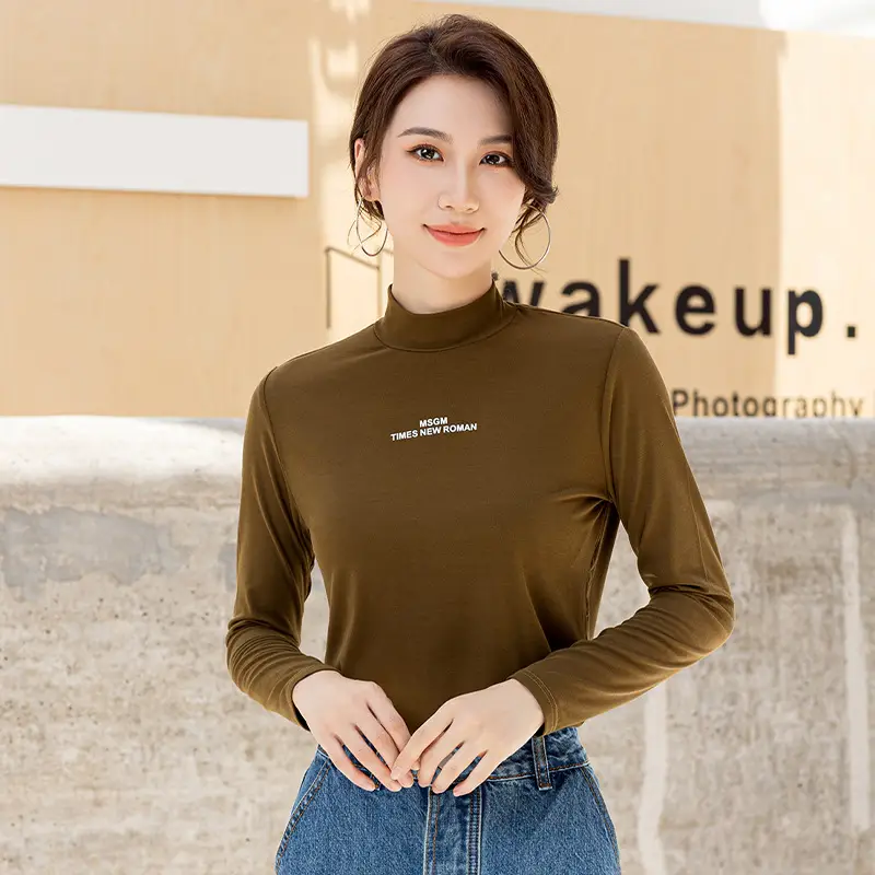 Women's Black Long Sleeve Half Turtle Collar Shirt with Korean Letters