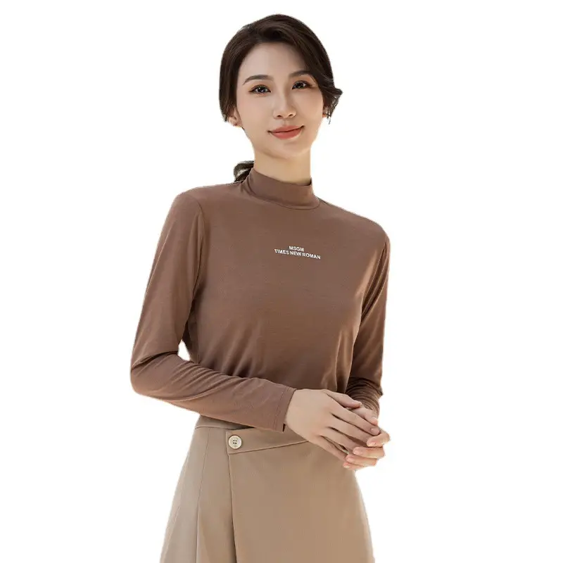 Women's Black Long Sleeve Half Turtle Collar Shirt with Korean Letters
