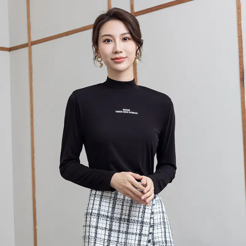 Women's Black Long Sleeve Half Turtle Collar Shirt with Korean Letters