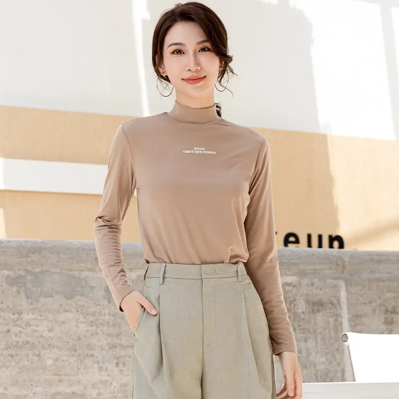 Women's Black Long Sleeve Half Turtle Collar Shirt with Korean Letters