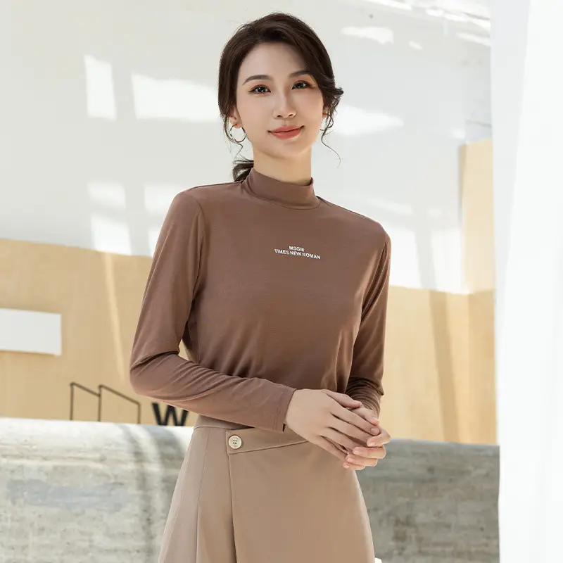 Women's Black Long Sleeve Half Turtle Collar Shirt with Korean Letters