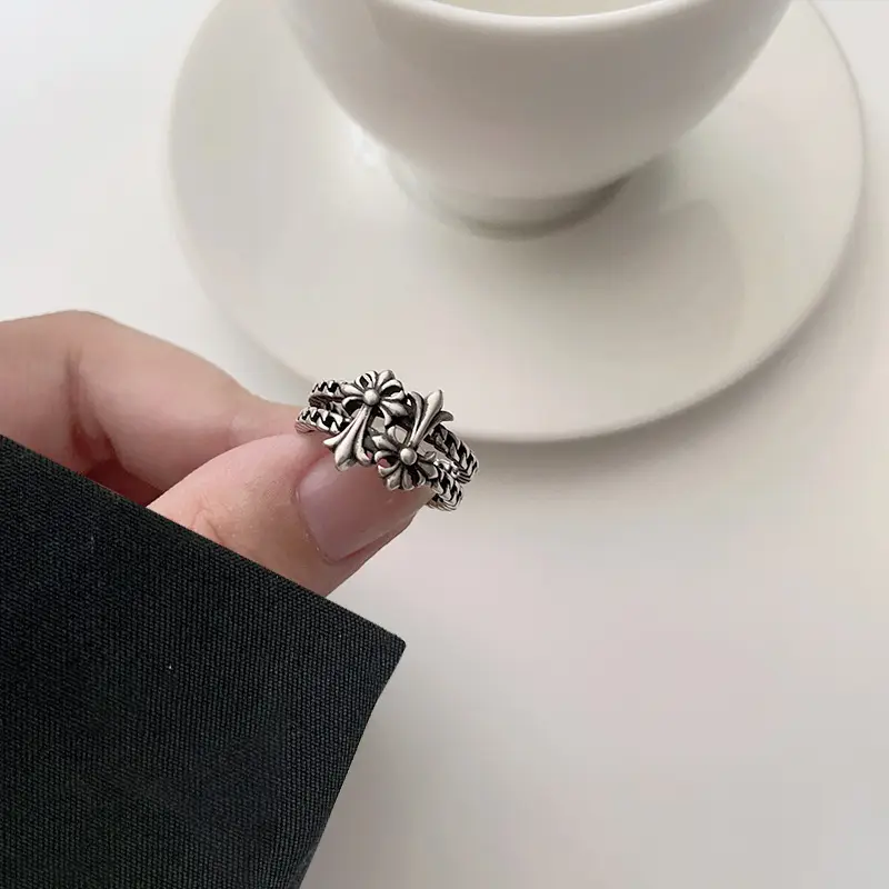 Lanzhi 925 Silver Ring Double Layered Cross Personalized Hip-Hop Jewelry Retro Cross-Border Ring Non-Fading Niche