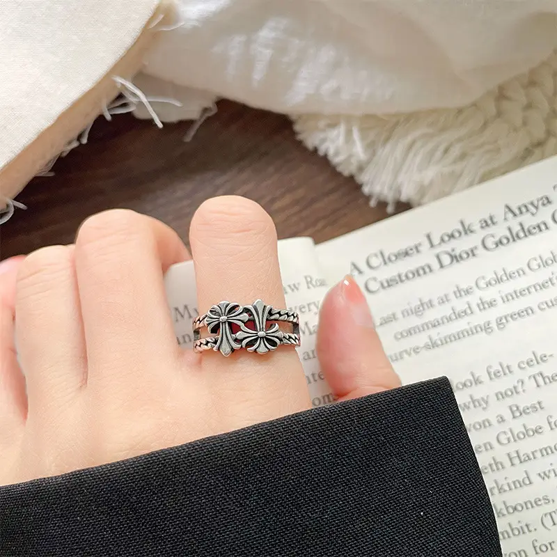 Lanzhi 925 Silver Ring Double Layered Cross Personalized Hip-Hop Jewelry Retro Cross-Border Ring Non-Fading Niche