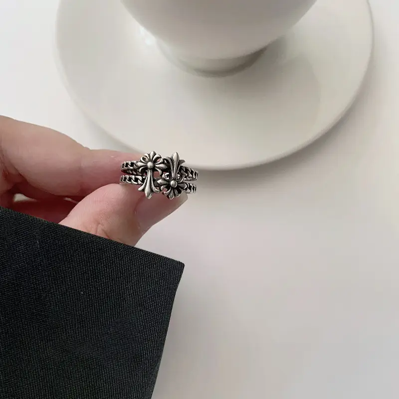 Lanzhi 925 Silver Ring Double Layered Cross Personalized Hip-Hop Jewelry Retro Cross-Border Ring Non-Fading Niche — feature 13