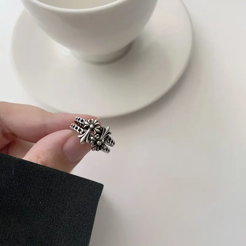 Lanzhi 925 Silver Ring Double Layered Cross Personalized Hip-Hop Jewelry Retro Cross-Border Ring Non-Fading Niche — feature 14